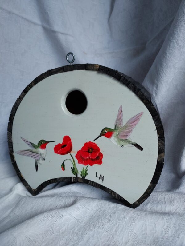 Birdhouse with Humming birds painted on it